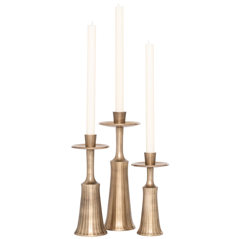 Tomar Antique Brass 3 Piece Ribbed Taper Candle Holder Set