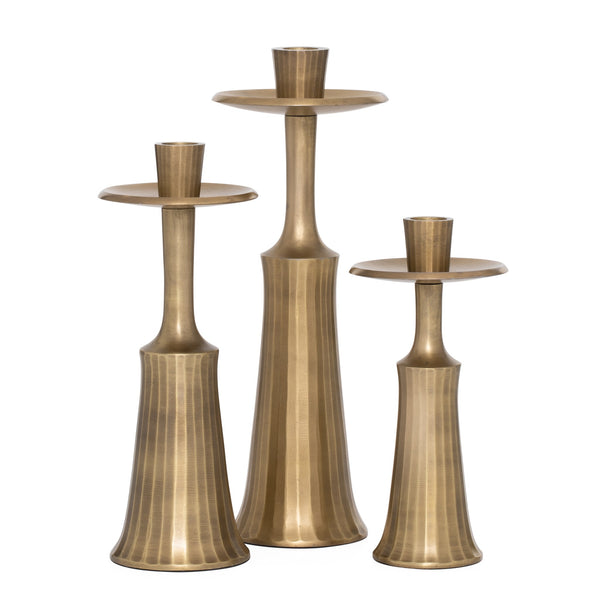 Tomar Antique Brass 3 Piece Ribbed Taper Candle Holder Set
